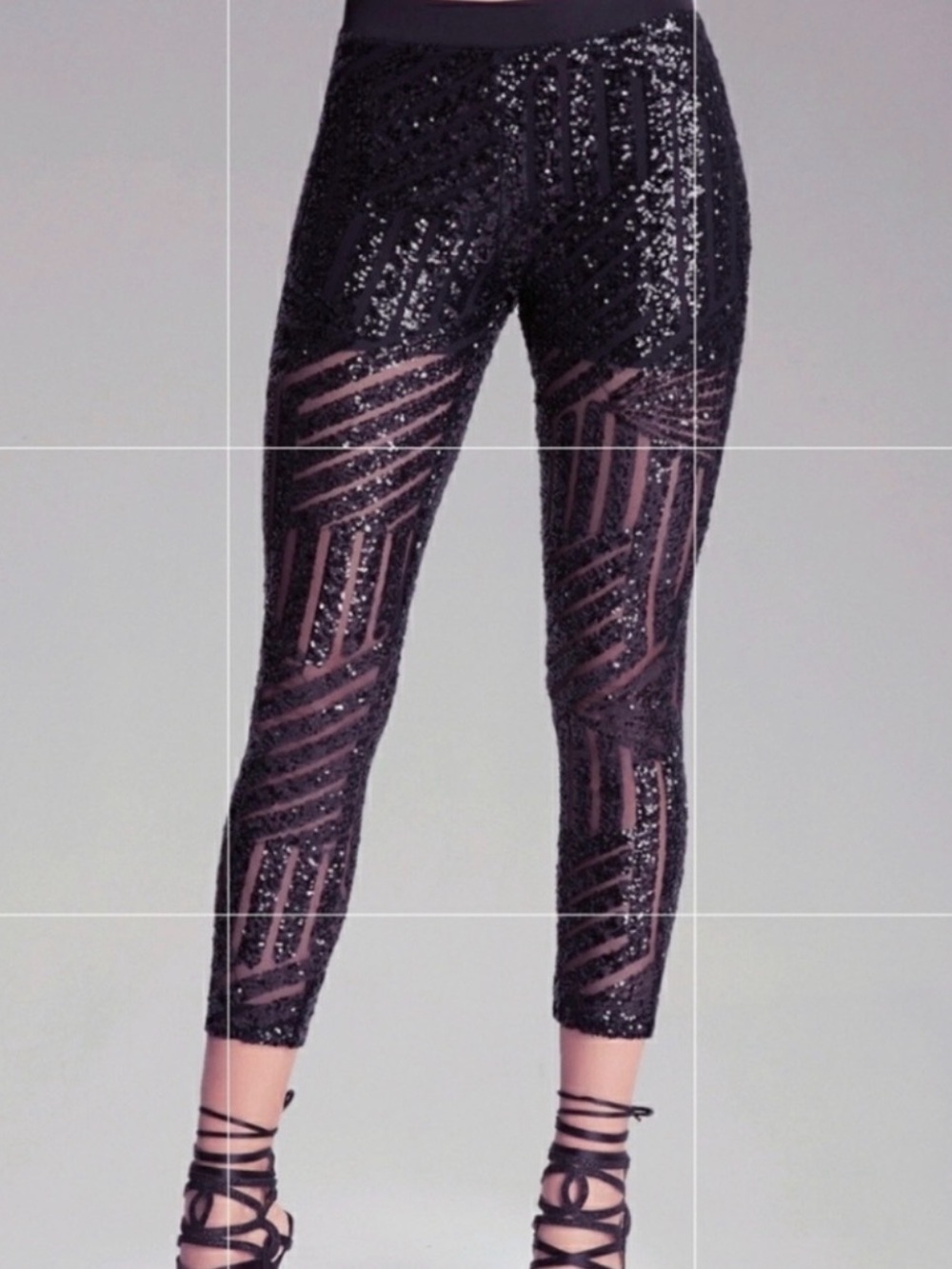 bebe Black Sequin Geometric Cropped Pants with Sheer Insets